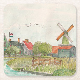 Porta-copo De Papel Quadrado Zaanse Schans Zaandam Países Baixos Watercolor Pos