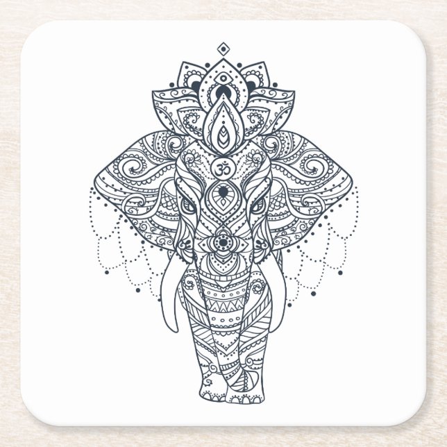 Porta-copo De Papel Quadrado Zentangle inspirou o elefante (Frente)
