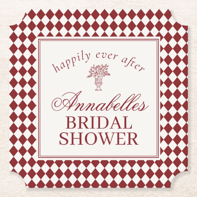 Porta-copo De Papel Red Merlot Harlequin Checkered Bridal Shower (Frente)