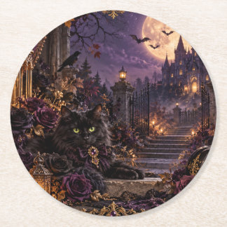 PORTA-COPO DE PAPEL REDONDO 幻想的なゴシックハロウィン 黒猫と満月 ラウンドコースター