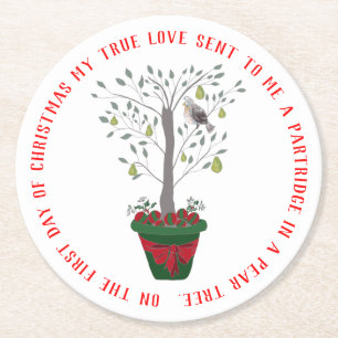 Porta-copo De Papel Redondo 12 dias de partucho de Natal em árvore de pera