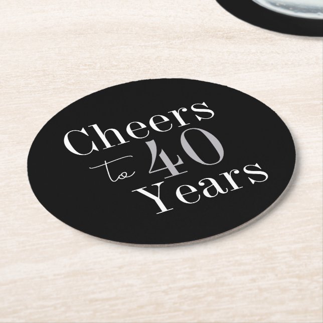 Porta-copo De Papel Redondo 40th Birthday Cheers 40 Years Black Silver Party (Angulado)