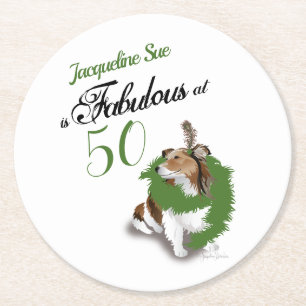 Porta-copo De Papel Redondo 50 e Fabuloso aniversário Sheltie Dog Green