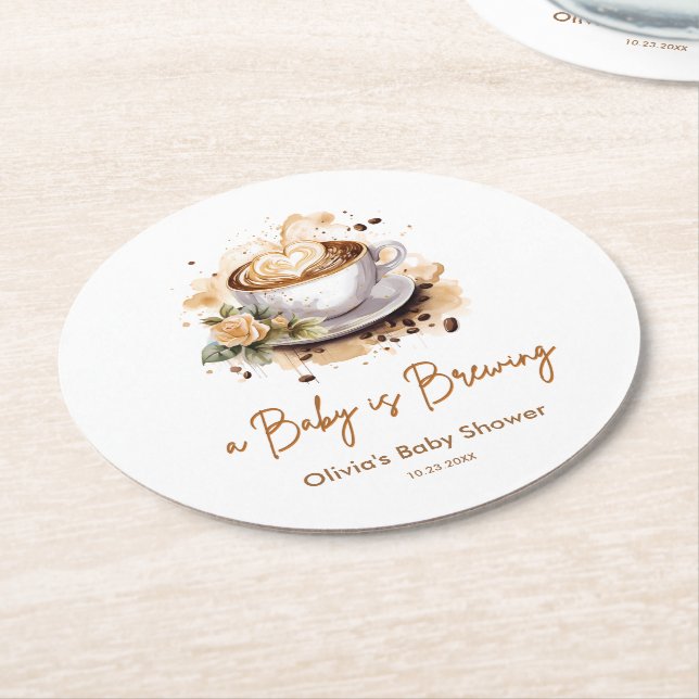 Porta-copo De Papel Redondo A Baby is Brewing Brown Coffee Baby Shower (Angulado)
