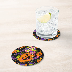 Porta-copo De Papel Redondo Abóbora Doce de Halloween Kawaii Retro Assustador
