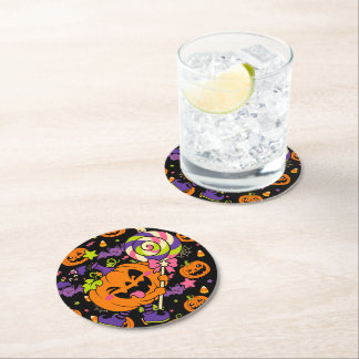 Porta-copo De Papel Redondo Abóbora Doce de Halloween Kawaii Retro Assustador