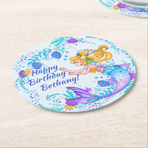 Porta-copo De Papel Redondo Adicionar Nome Texto Loiro Sereia Azul Mauve Parte