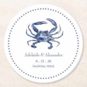 Porta-copo De Papel Redondo Água Costeira Azul Caranguejo Casamento Aquarela