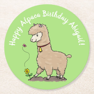 Porta-copo De Papel Redondo Alpaca castanho-branca com cartoon de aniversário