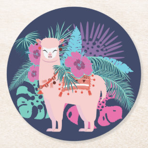 Porta-copo De Papel Redondo Alpaca rosa, folhas tropicais de lama e flores