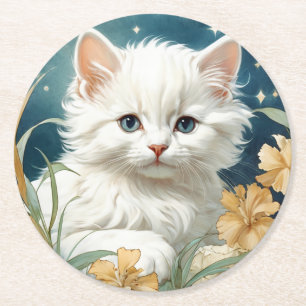 Porta-copo De Papel Redondo Alphonse Mucha Art Nouveau Kitten