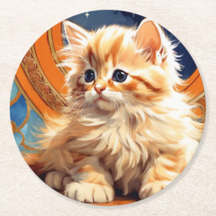 Porta-copo De Papel Redondo Alphonse Mucha Art Nouveau Orange Cat