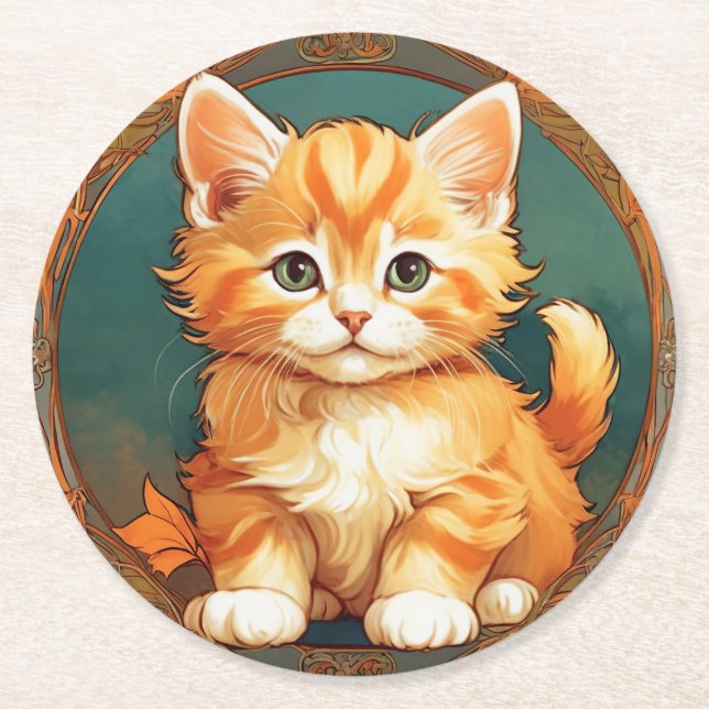 Porta-copo De Papel Redondo Alphonse Mucha Style Orange Cat (Frente)
