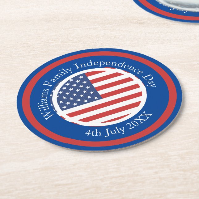 Porta-copo De Papel Redondo Alterar Nome Texto EUA Sinalizador Independência D (Angulado)