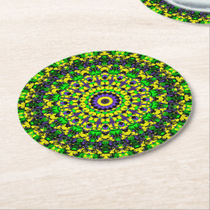 Porta-copo De Papel Redondo Amarelo, verde, Mandala roxo