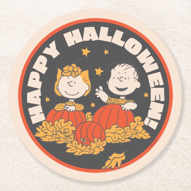 Porta-copo De Papel Redondo Amendoins | Feliz Halloween Sally & Linus (Frente)