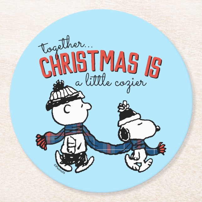 Porta-copo De Papel Redondo Amendoins | Snoopy & Charlie Brown Winter Scarf (Frente)