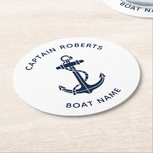 Porta-copo De Papel Redondo Âncora de Barco Moderna Nome do Capitão Personaliz