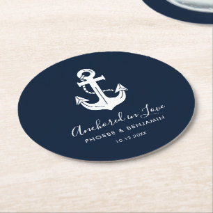 Porta-copo De Papel Redondo Âncora de Casamento Personalizada Azul Marinho e B