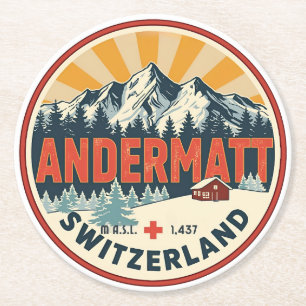 Porta-copo De Papel Redondo ANDERMATT Vintage esqui Suíça Alpes Suíços present