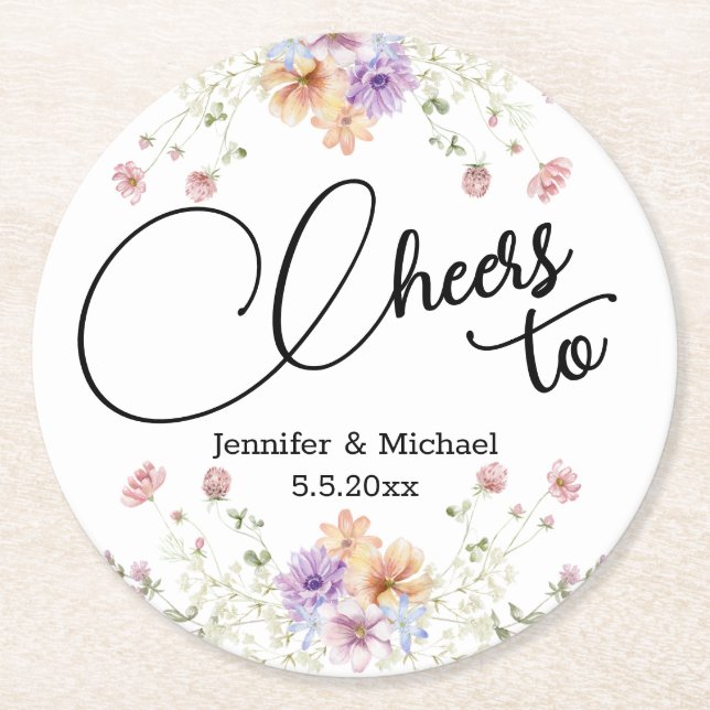 Porta-copo De Papel Redondo anima o elegante casamento floral de aquarela (Frente)