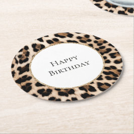 Porta-copo De Papel Redondo Aniversário Brilho Dourado Animal Leopardo Creme