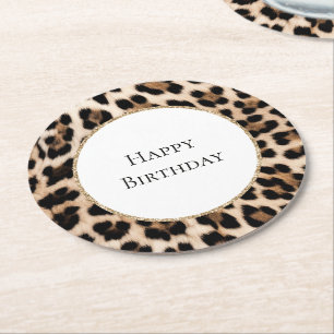 Porta-copo De Papel Redondo Aniversário Brilho Dourado Animal Leopardo Creme