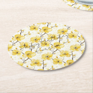 Porta-copo De Papel Redondo Aniversário das Flores Amarelas Douradas