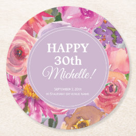 Porta-copo De Papel Redondo Aniversário de 30 anos Floral de Cor da Água Púrpu