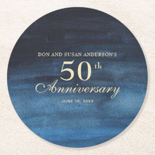 Porta-copo De Papel Redondo Aniversário de 50 anos de casamento azul marinho