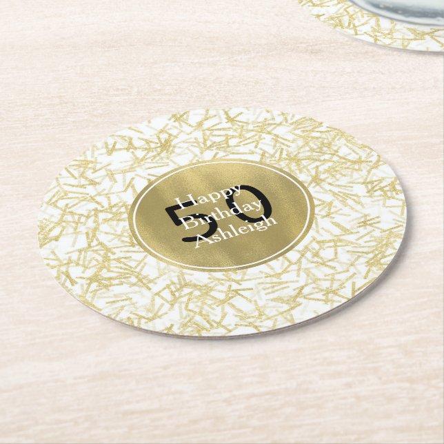 Porta-copo De Papel Redondo Aniversário de 50 anos Glam Confete Dourado Branco (Angulado)