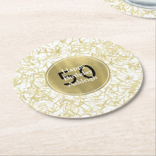 Porta-copo De Papel Redondo Aniversário de 50 anos White Gold Glam Confetti
