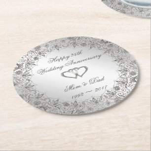 Porta-copo De Papel Redondo Aniversário de Casamento de 25 Silver Flourish