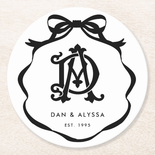 Porta-copo De Papel Redondo Aniversário do Arco de Coquetes Branco e Preto (Frente)