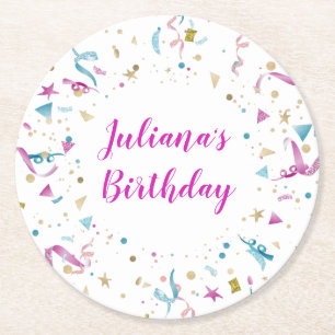 Porta-copo De Papel Redondo Aniversário do Partido Confetti Rosa e Azul