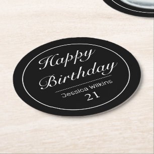 Porta-copo De Papel Redondo Aniversário feliz branco minimalista moderno