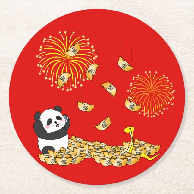 Porta-copo De Papel Redondo Ano Novo Chinês da Cobra 2025 Panda (Frente)