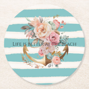 Porta-copo De Papel Redondo Aqua Beach Stripes Floral Aqua Watercolor