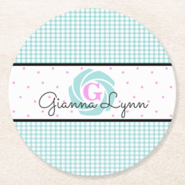 Porta-copo De Papel Redondo Aqua Gingham Monogrammed