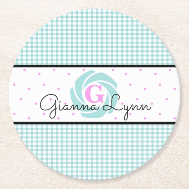 Porta-copo De Papel Redondo Aqua Gingham Monogrammed (Frente)