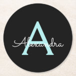 Porta-copo De Papel Redondo Aqua Teal Blue Script Girly Monographic Name<br><div class="desc">Portas copos de papel com nome de script simples,  azul-preto e azul-branco. Isso faz a formatura perfeita,  aniversário,  casamento,  chá de panela,  aniversário,  chá de fraldas ou presente de festa de solteira para alguém que ama luxo de vidro e estilos quíticos.</div>