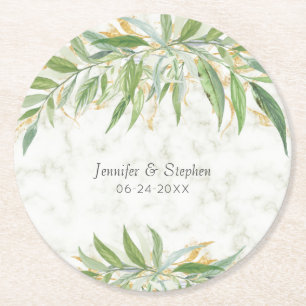 Porta-copo De Papel Redondo Aquarela Botânica Mármore Casamento Elegante