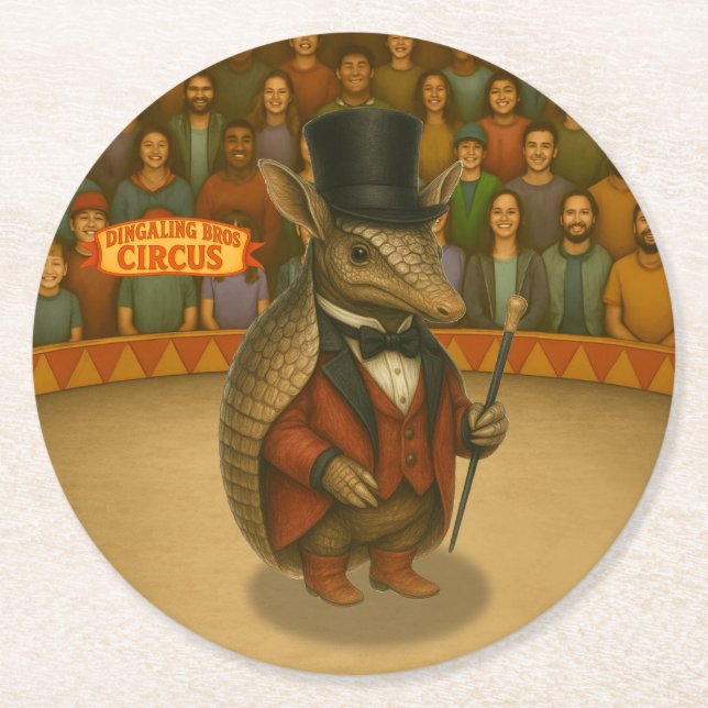 Porta-copo De Papel Redondo Armand, o armadillo apresentador de circo (Frente)