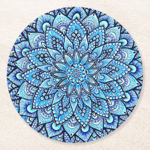 Porta-copo De Papel Redondo Arte de Design de Mandala com Lápis de Cor Azul