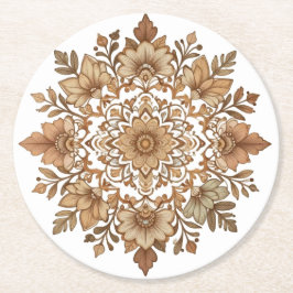 Porta-copo De Papel Redondo Arte de Mandala Floral Intrincado em Tons Marrons