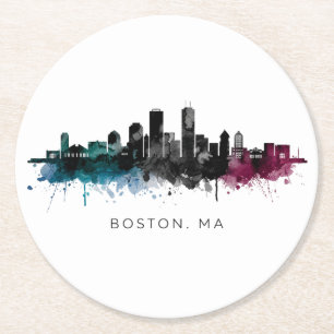 Porta-copo De Papel Redondo Arte de Massachusetts Aquarela do Horizonte de B