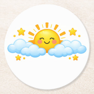Porta-copo De Papel Redondo Arte Gráfica do Sol Sorridente Céu Azul Amigável