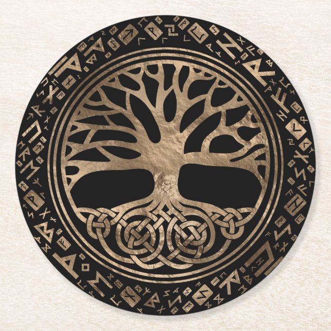 Porta-copo De Papel Redondo Árvore da vida - Padrão Runic de Yggdrasil (Frente)
