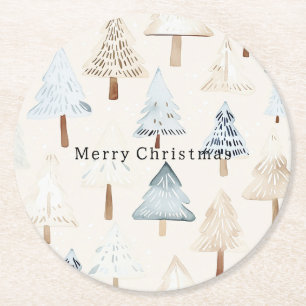 Porta-copo De Papel Redondo Árvores de Natal Azuis Bege Creme
