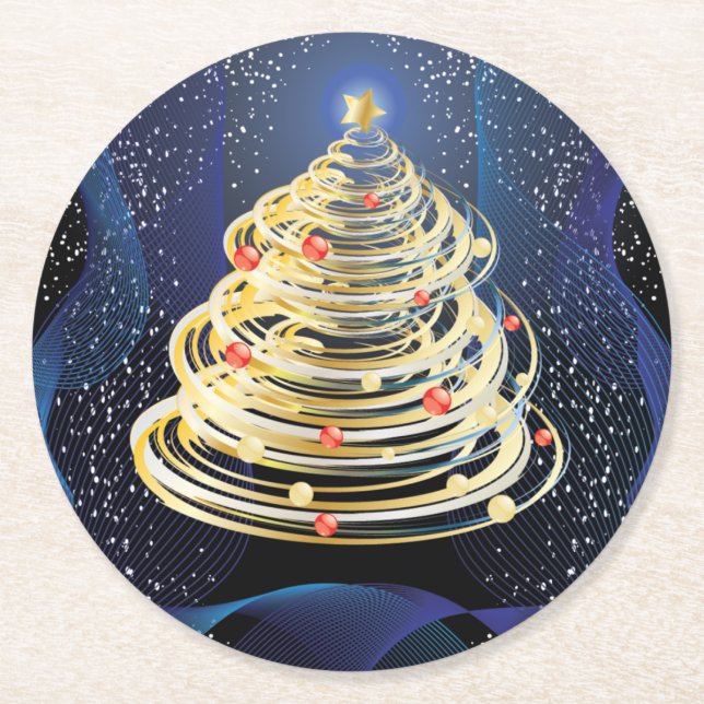 Porta-copo De Papel Redondo Árvores de Natal modernas e Douradas girando (Frente)